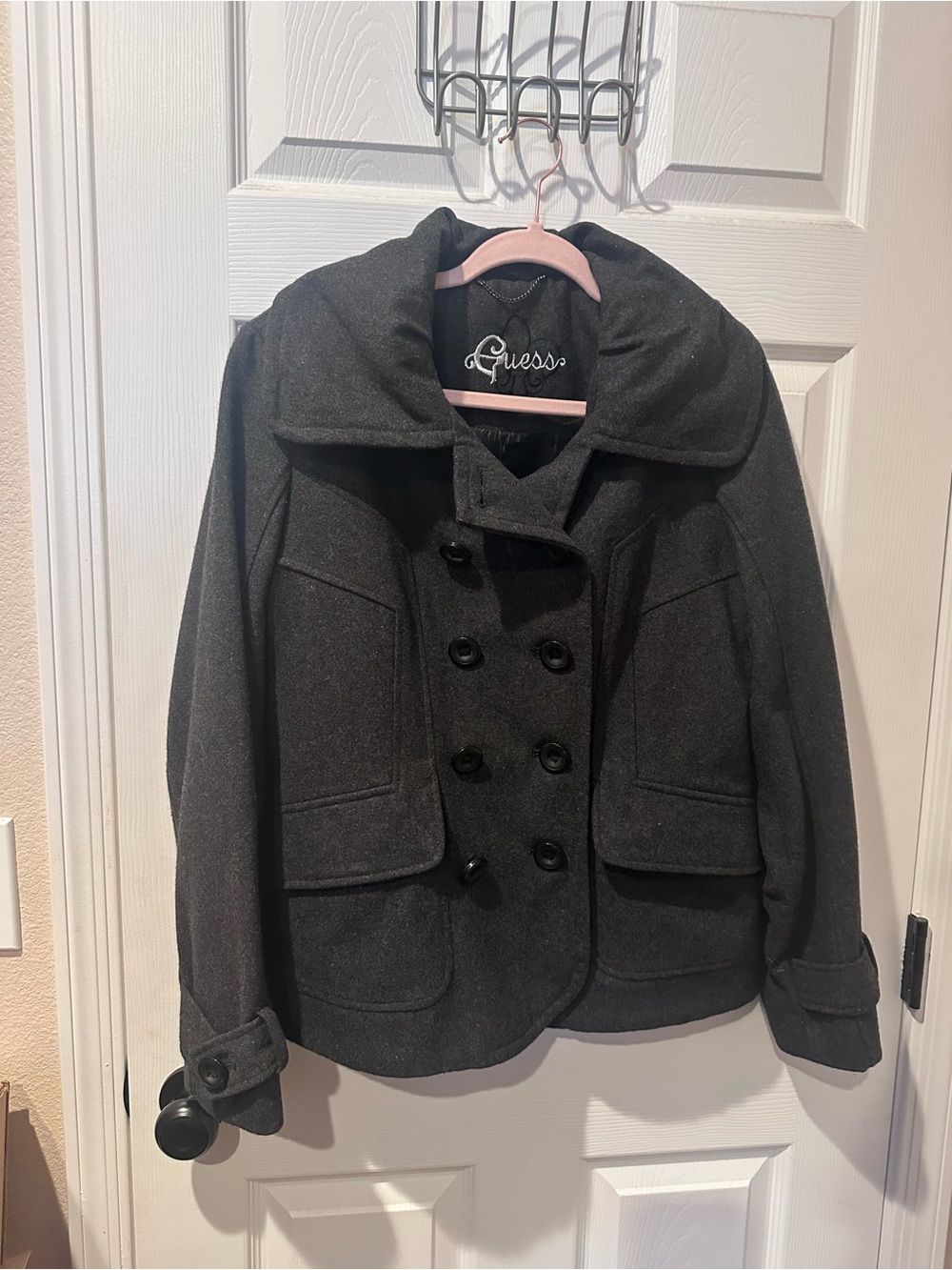 Guess gray Wool-Blend Coat with Embroidered Logo